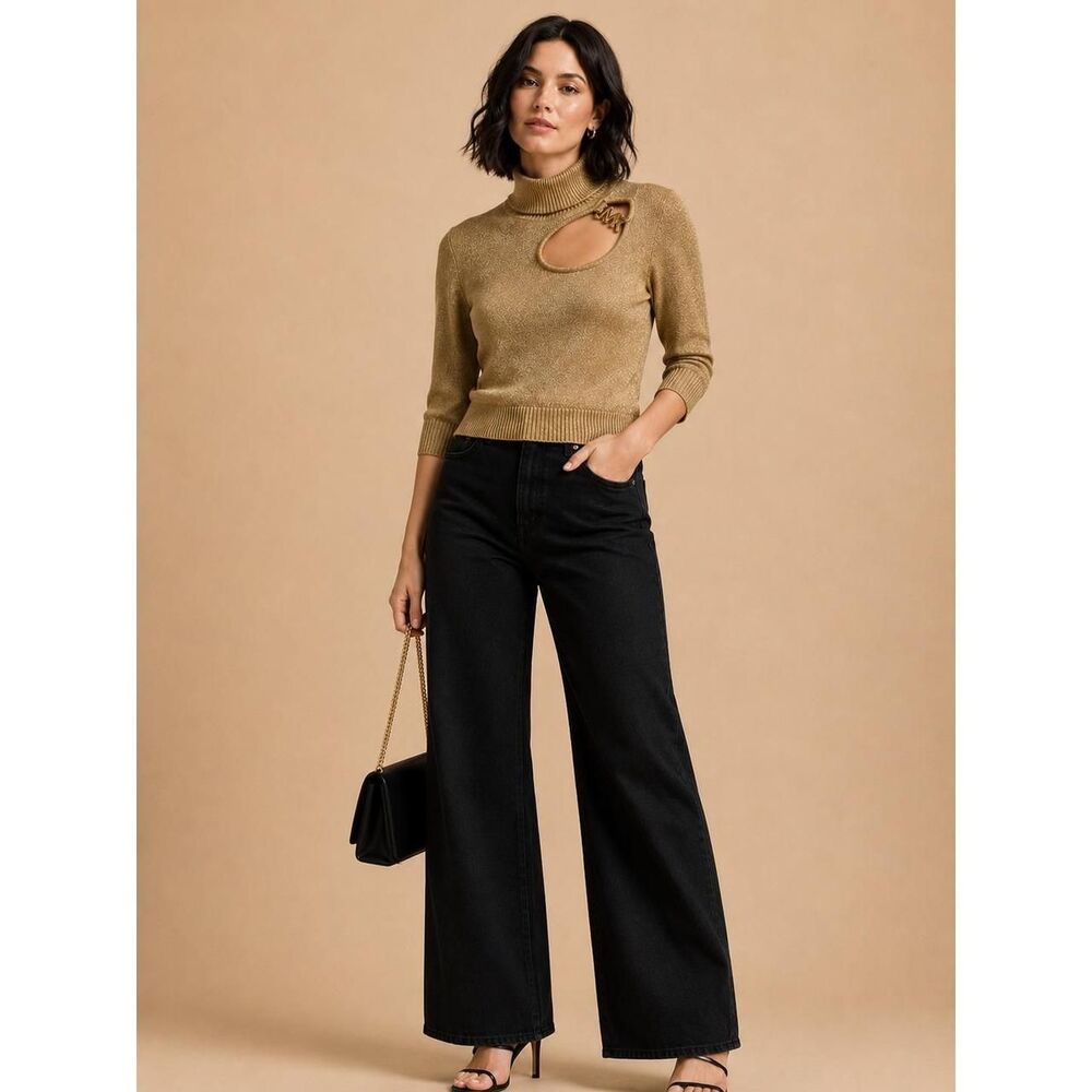 Michael Kors Gold Metallic Cutout Turtleneck Sweater MK Logo Hardware Size XS